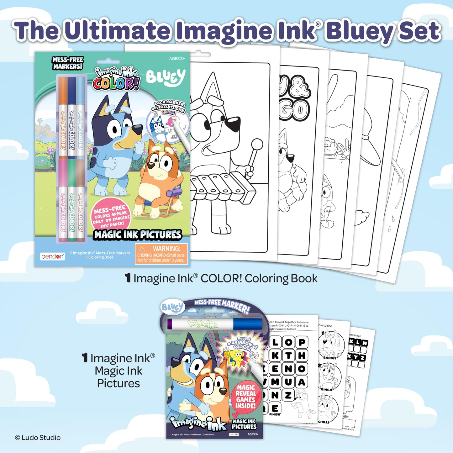 Bendon Official Bluey Imagine Ink Coloring Book Set 2 Pack with Mess-Free Markers, 16 Pages, 6 Magic Ink Markers, Built-in Storage Case, Travel Gift