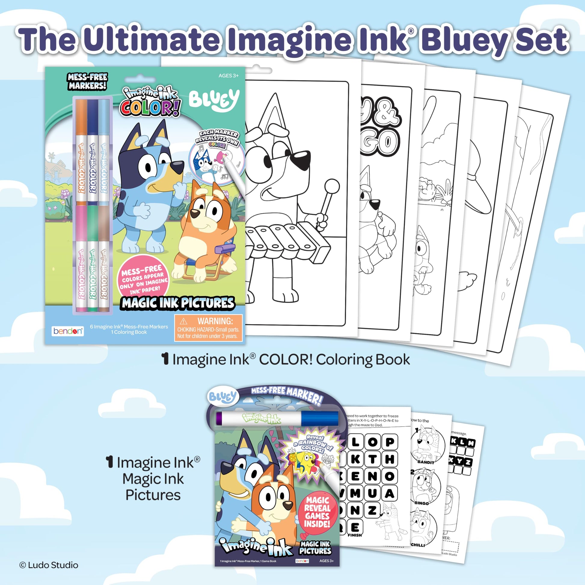 Bendon Official Bluey Imagine Ink Coloring Book Set 2 Pack with Mess-Free Markers, 16 Pages, 6 Magic Ink Markers, Built-in Storage Case, Travel Gift