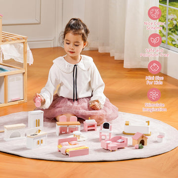 ROBUD Wooden Dollhouse Furniture Set, 28 Pcs Doll House Accessories, Miniature Furniture Including 6 Room Kits, Pretend Play Toys, Gift for Boys