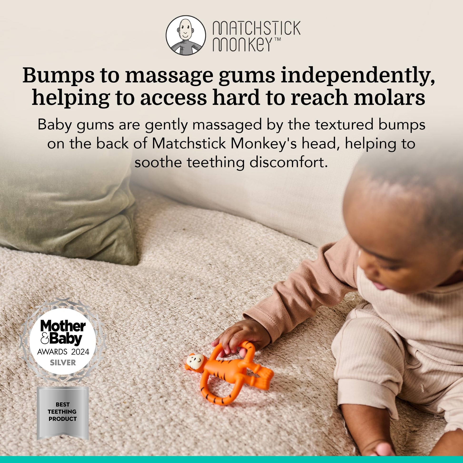 Matchstick Monkey Silicone Teether & Gel Applicator - Silicone Baby Teether, Easy-to-Grip, BPA-Free, Supports Self-Soothing & Early Brushing, 3
