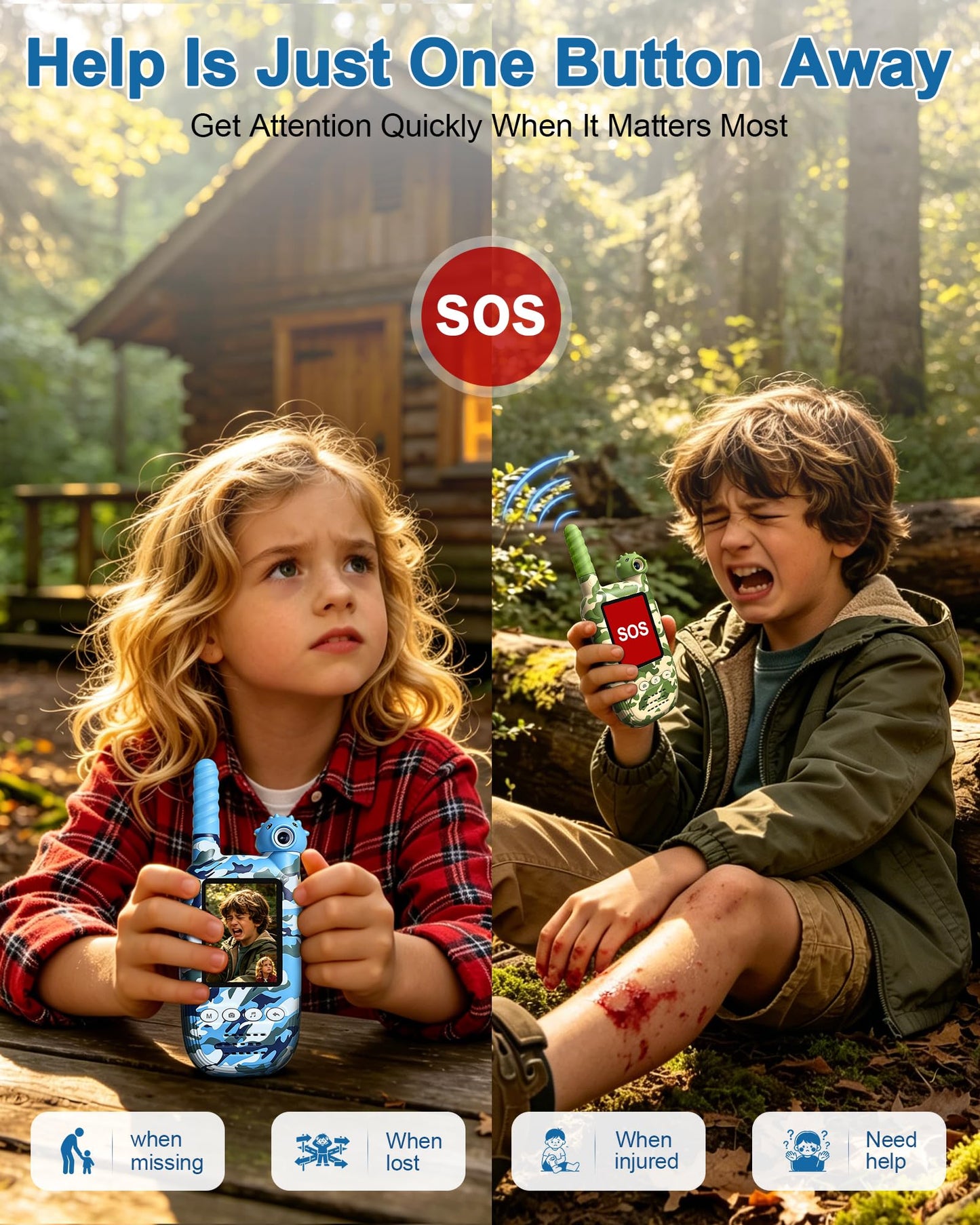 Kids Video Walkie Talkies 2 Pack, SOS Alert & 180° Rotating Camera