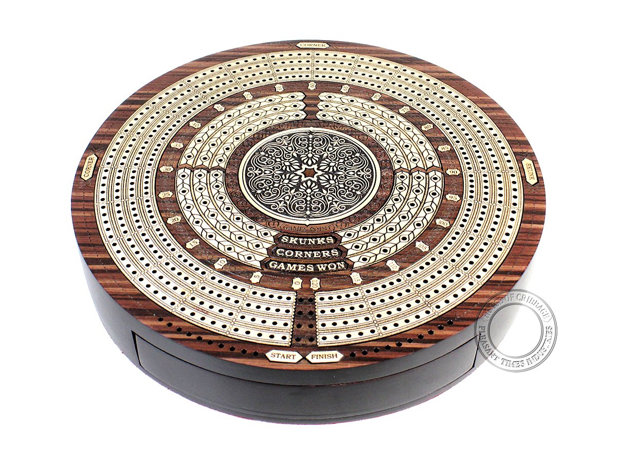 House of Cribbage - 10" Round Shape 4 Tracks Continuous Cribbage Board - Rosewood/Maple - Push Drawer with Score Marking Fields for Skunks, Corners