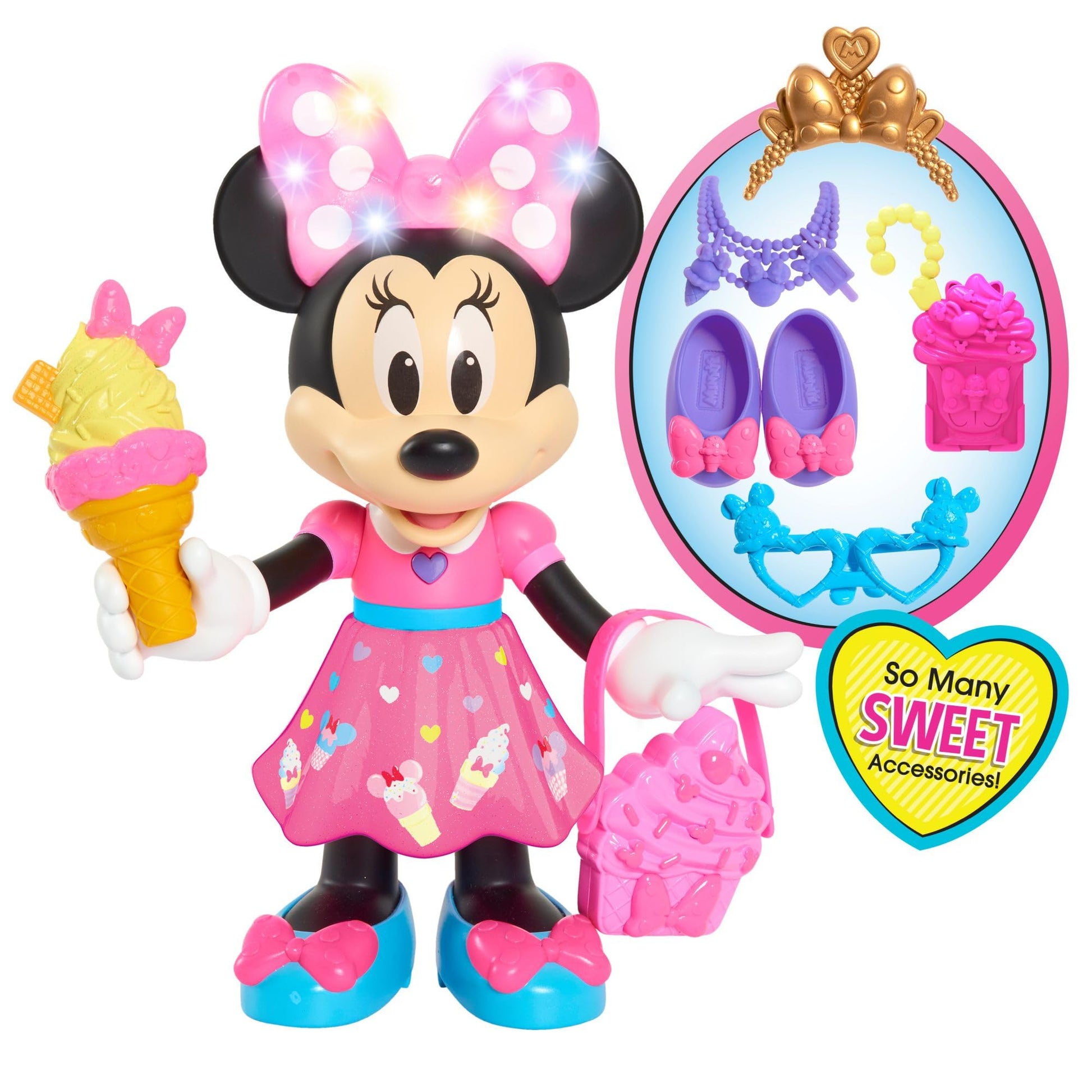 Disney Junior Sweets & Treats Minnie Mouse, Interactive 10-Inch Doll with Lights, Sounds, and Accessories, Kids Toys for Ages 3 Up, Amazon Exclusive