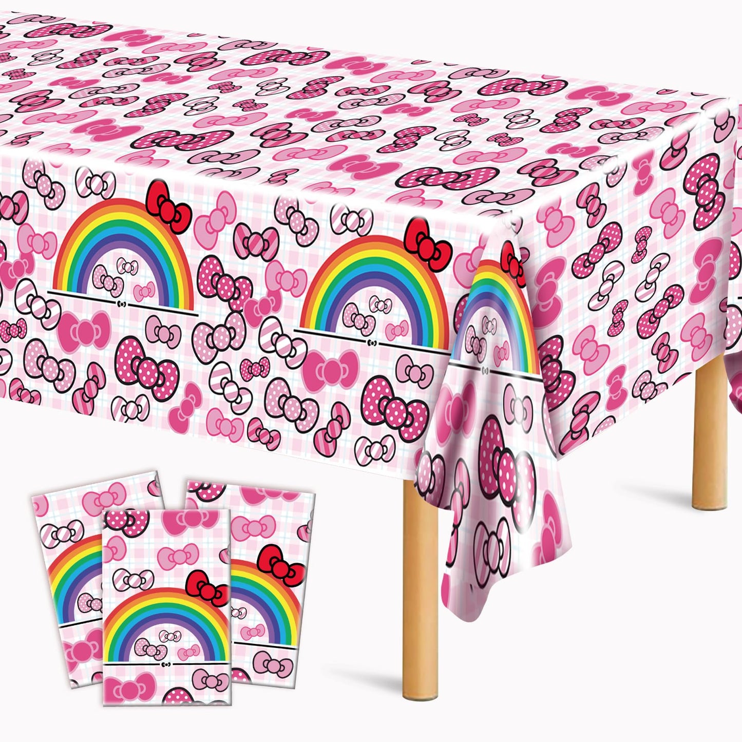 3Pcs Pink Bow tie Happy Birthday Decorations, Cartoon Cat Birthday Party Tablecloth, Disposable Rectangle Table Cover for Girls Party Theme