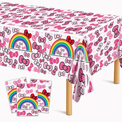 3Pcs Pink Bow tie Happy Birthday Decorations, Cartoon Cat Birthday Party Tablecloth, Disposable Rectangle Table Cover for Girls Party Theme