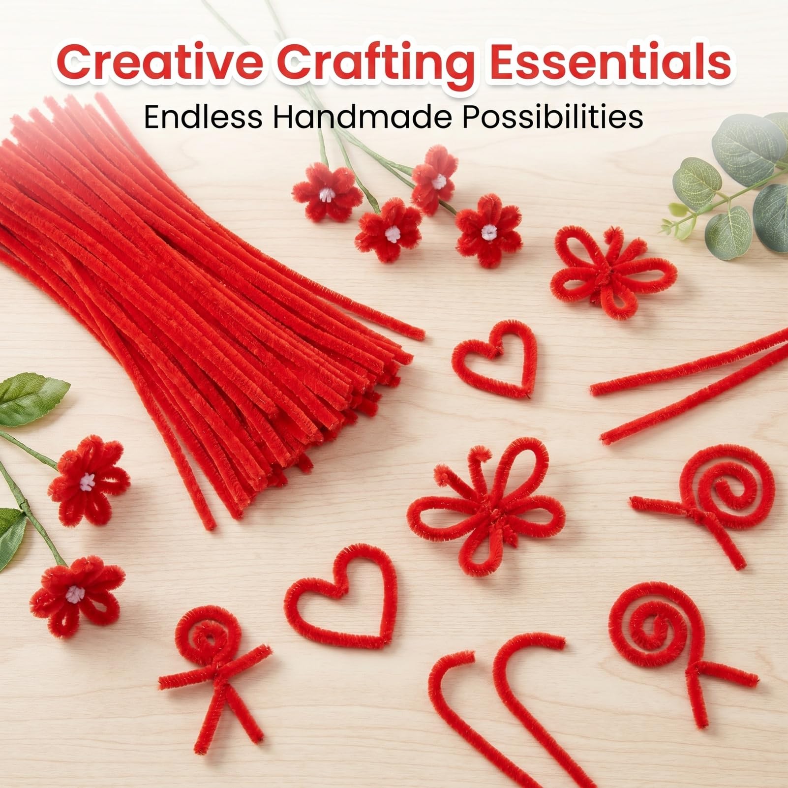 200Pcs Pipe Cleaners, Chenille Stems, Craft Pipe Cleaners for DIY Projects, Art Crafts, Flower Making, Creative Decor (Red)