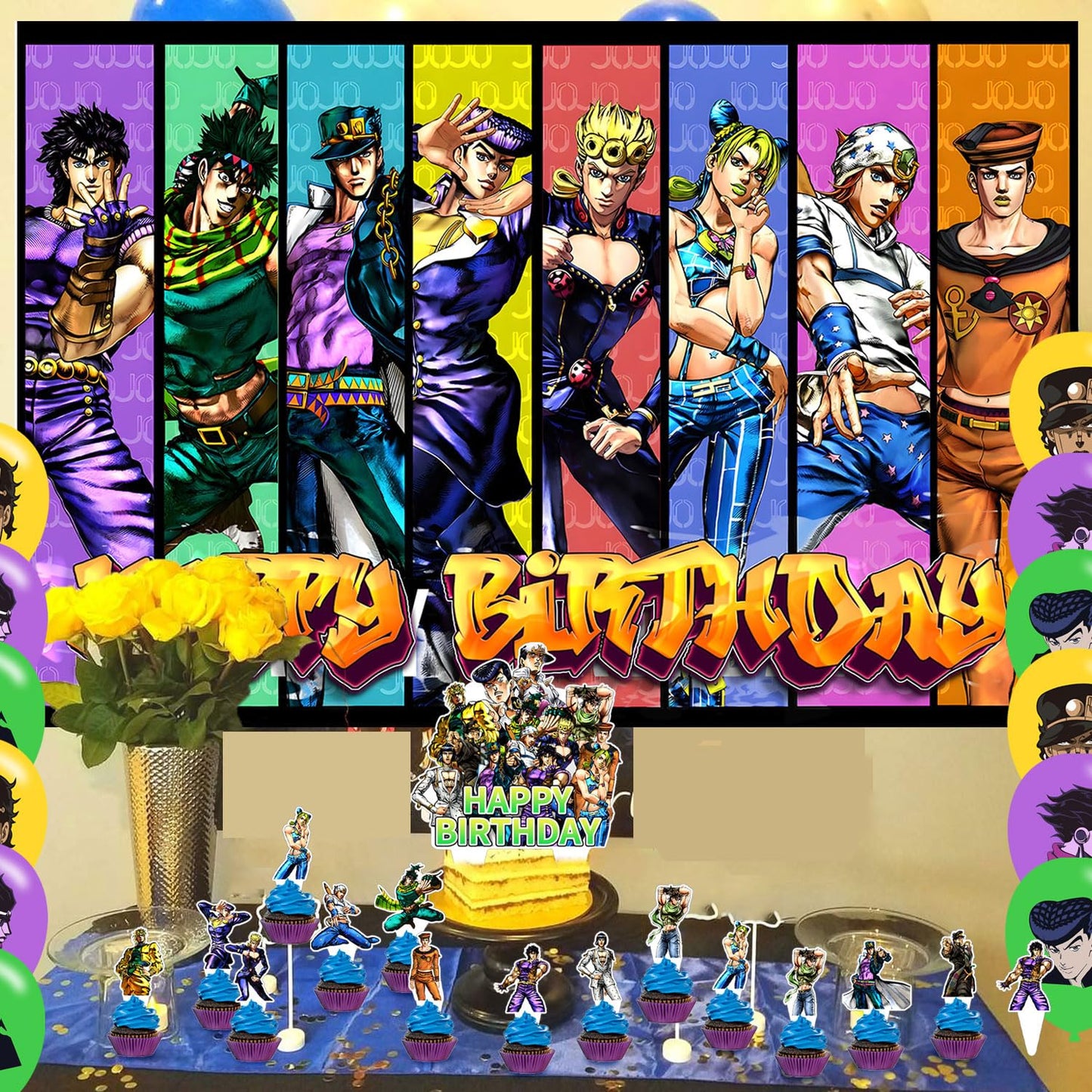 JOJO Birthday Party Decoration, Include Anime Backdrop 5 x 3 FT, Latex Balloons, Cake Topper for Adventure Theme Teen Fans Party