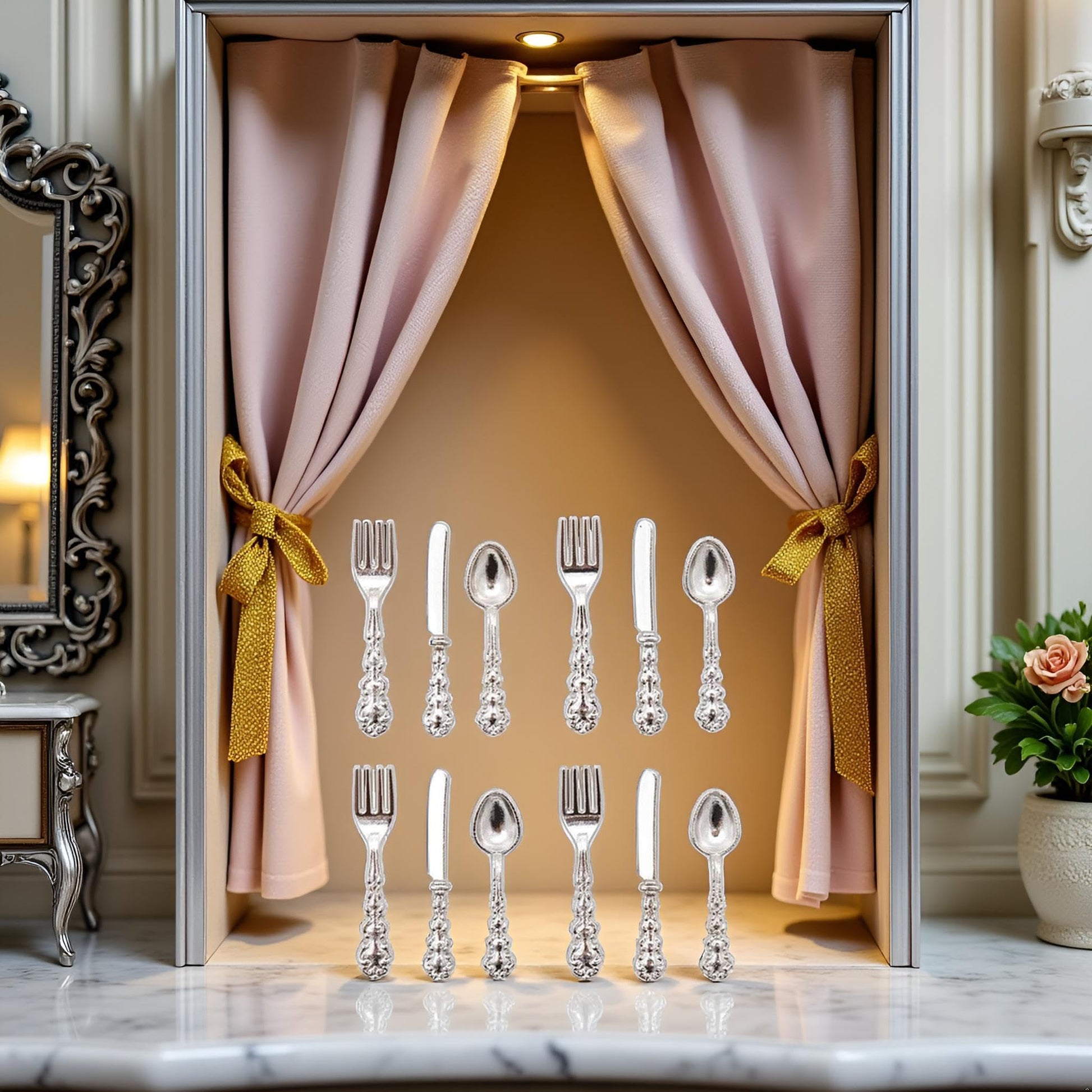 1Set Silver 1/12 Miniature Silverware Knife Fork Spoon Dollhouse Decoration Accessories, Accessories Décor,Dollhouse Kitchen Accessories