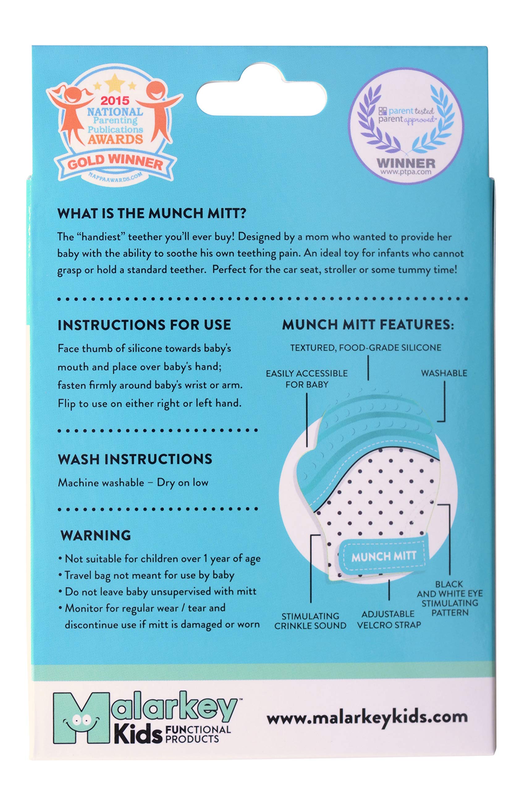 Malarkey Kids Patented Teething Mitten, Munch Mitt Baby Chew Toy - Protects Hands from Chewing & Saliva, Heals Aching Gums, Promotes Sound & Visual