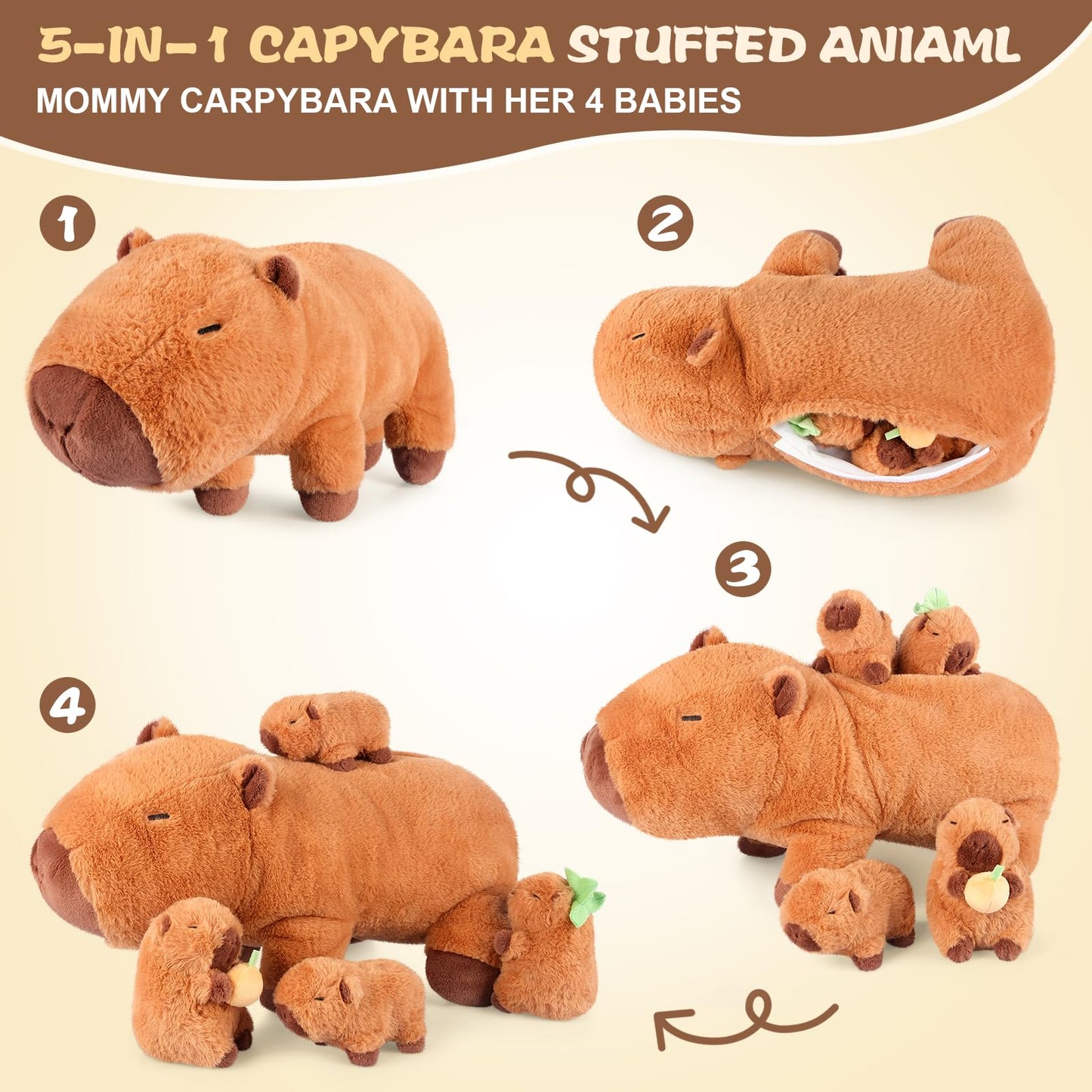 SuzziPals Capybara Stuffed Animal with Babies Inside, 5PCS Capybara Plush Set with Mommy & 4 Baby Capybaras, Soft Pillow Plush for Bedroom Decor