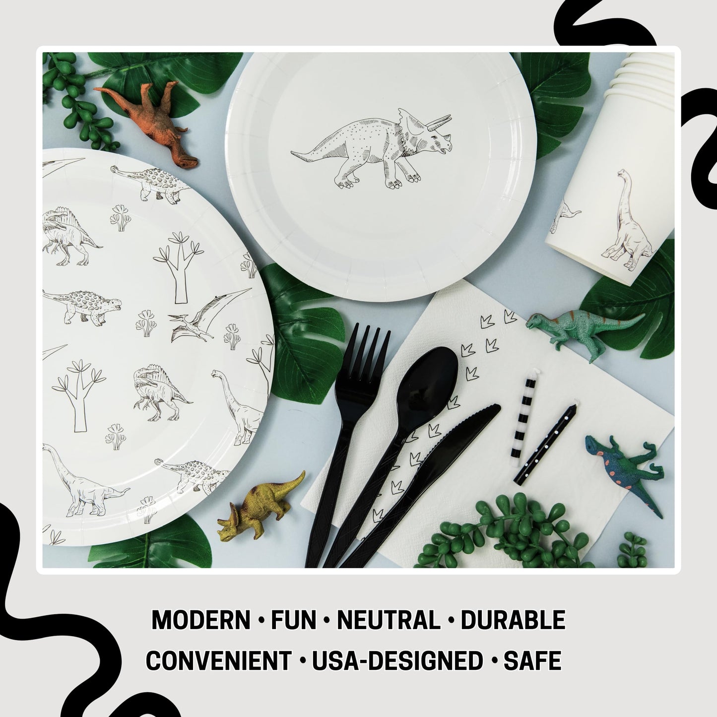 Modern Dinosaur Party Plates Kids Birthday, Baby Shower - Disposable Dino Paper Decorations, Cups, Napkins, Utensils, Toddler Boy/Girl Neutral Decor