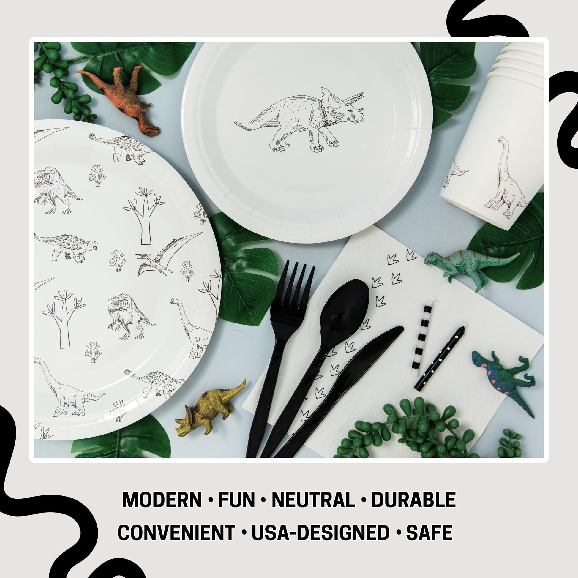 Modern Dinosaur Party Plates Kids Birthday, Baby Shower - Disposable Dino Paper Decorations, Cups, Napkins, Utensils, Toddler Boy/Girl Neutral Decor