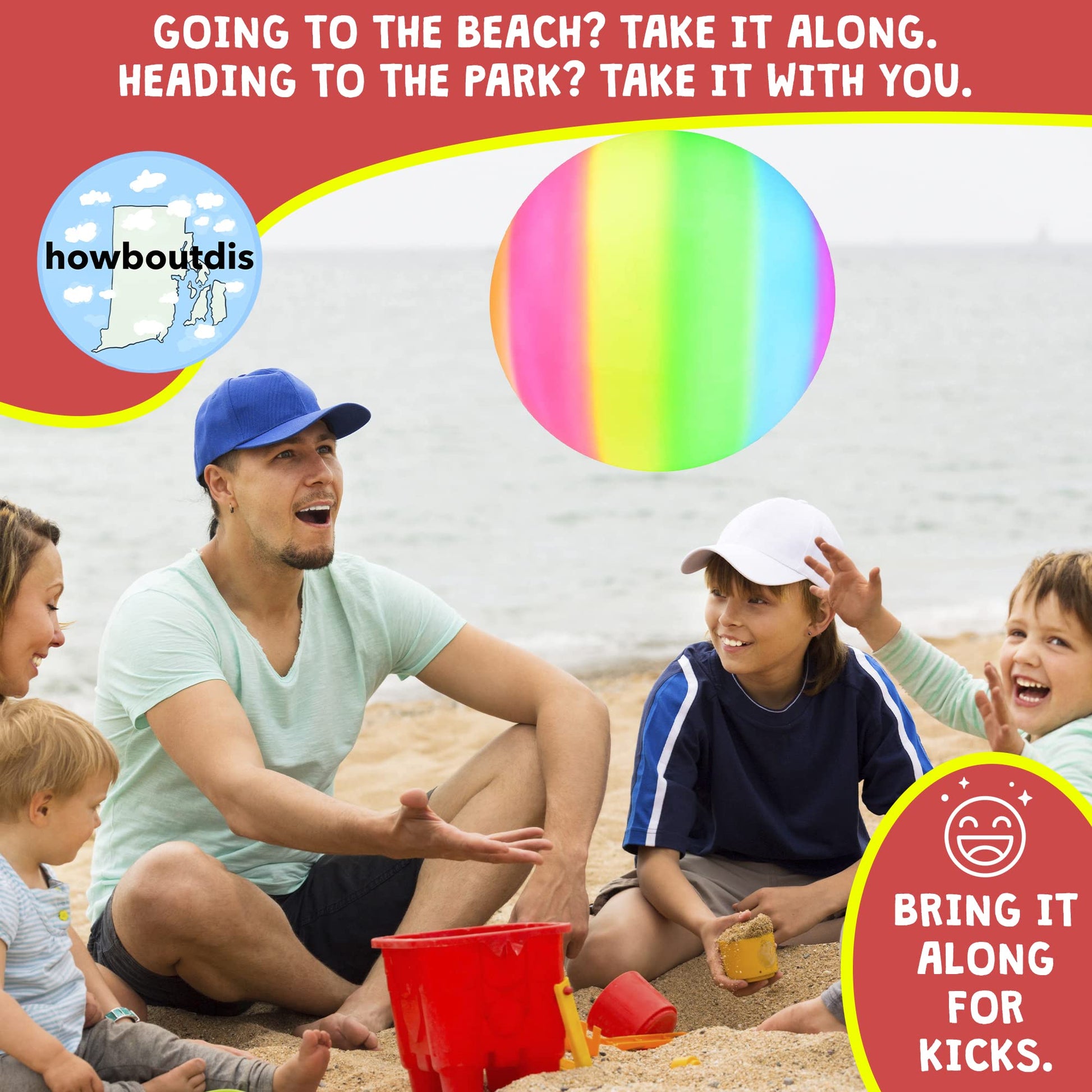 HOWBOUTDIS 18 inch Rainbow Playground Ball - Bouncy Durable Rubber - for Boys and Girls - Great Outdoor Fun - Perfect at the Beach, Park or Playground