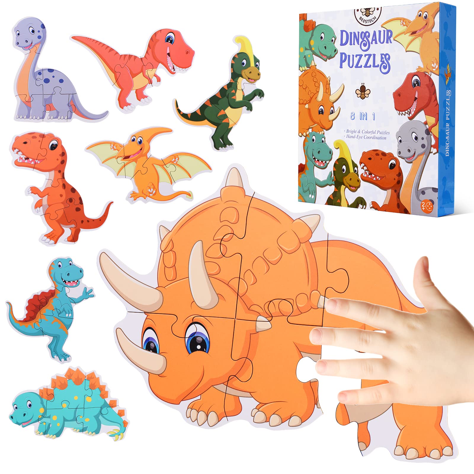 BEESTECH Beginner Dinosaur Puzzles for 3, 4 Year Old Toddlers, 8 Pack Jigsaw Educational Learning Puzzles for Toddlers, 8 Different Dinosaurs
