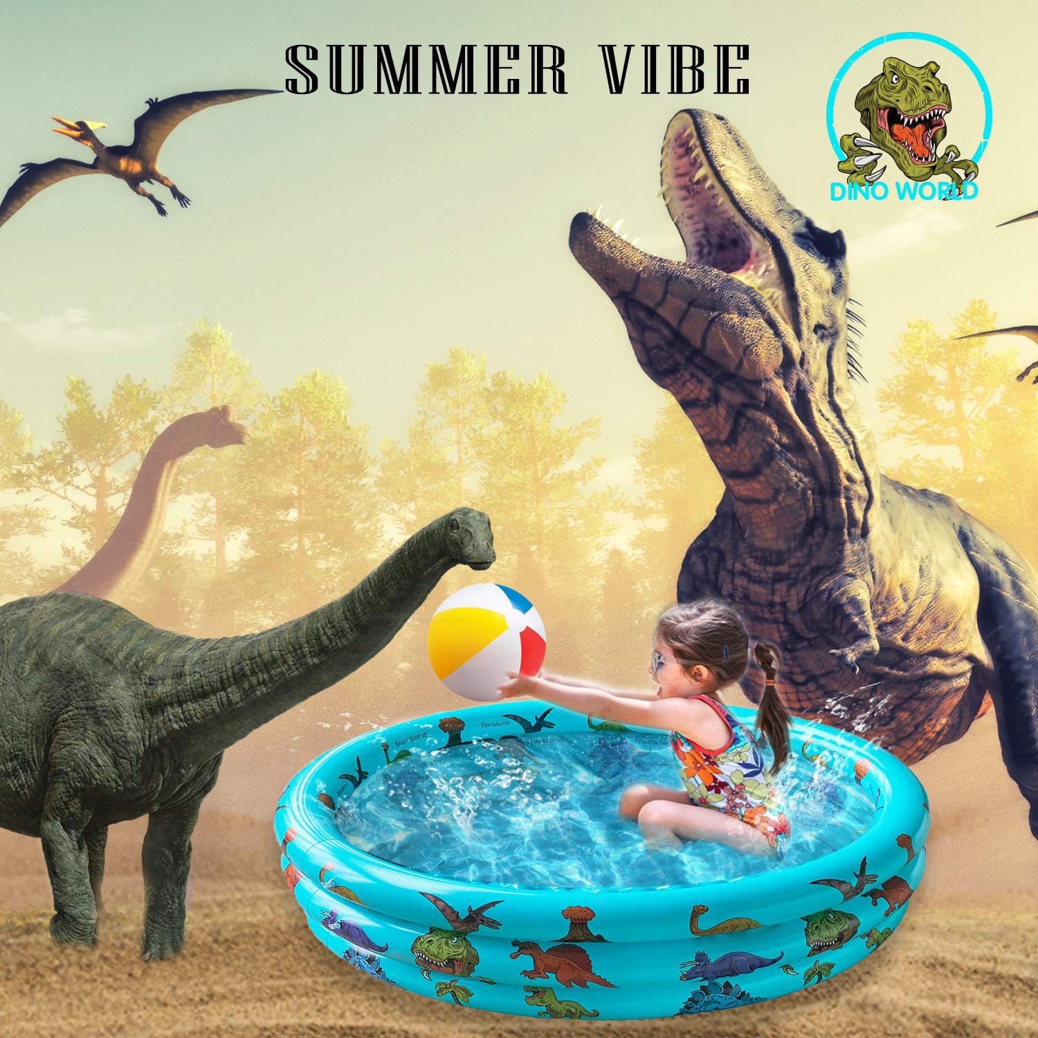 Dinosaur Inflatable Kiddie Pool, Blow Up 3-Ring Round Baby Play Center for Inside or Outdoor, Toddler Ball Pit/Fishing/Toys - 57'x15'