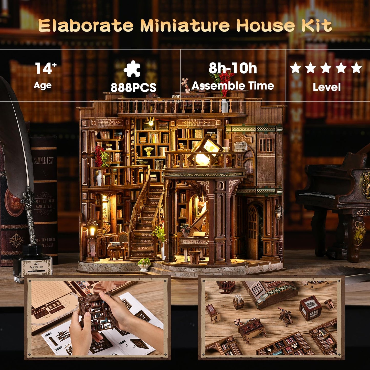 3DVASE Book Nooks for Adults, DIY Miniature Dollhouse Book Nook Kit, Model Kits Craft Kits for Adults, 3D Wooden Puzzle Book Nook Craft Bookshelf