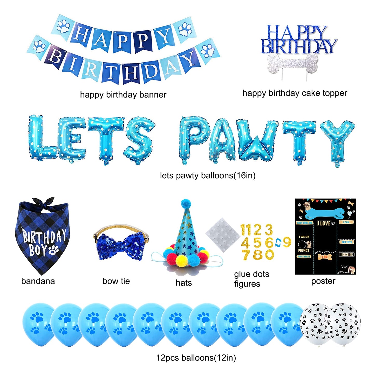 Dog Birthday Party Supplies, Blue Dog Birthday Decorations, Lets Pawty Balloons Banner, Dog Baday Bandana Hat Scarfs