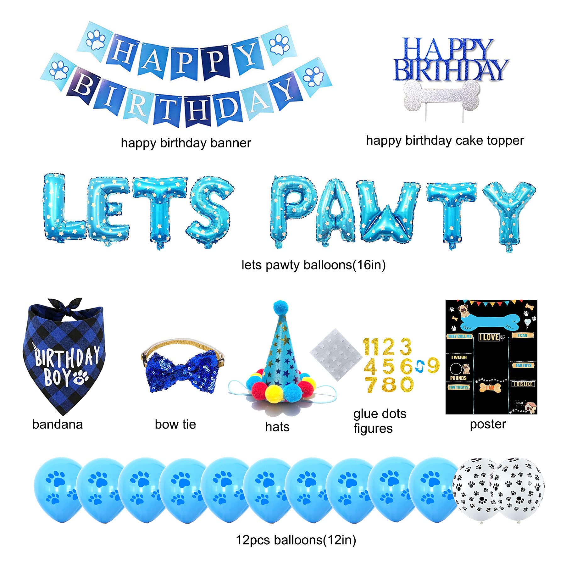 Dog Birthday Party Supplies, Blue Dog Birthday Decorations, Lets Pawty Balloons Banner, Dog Baday Bandana Hat Scarfs