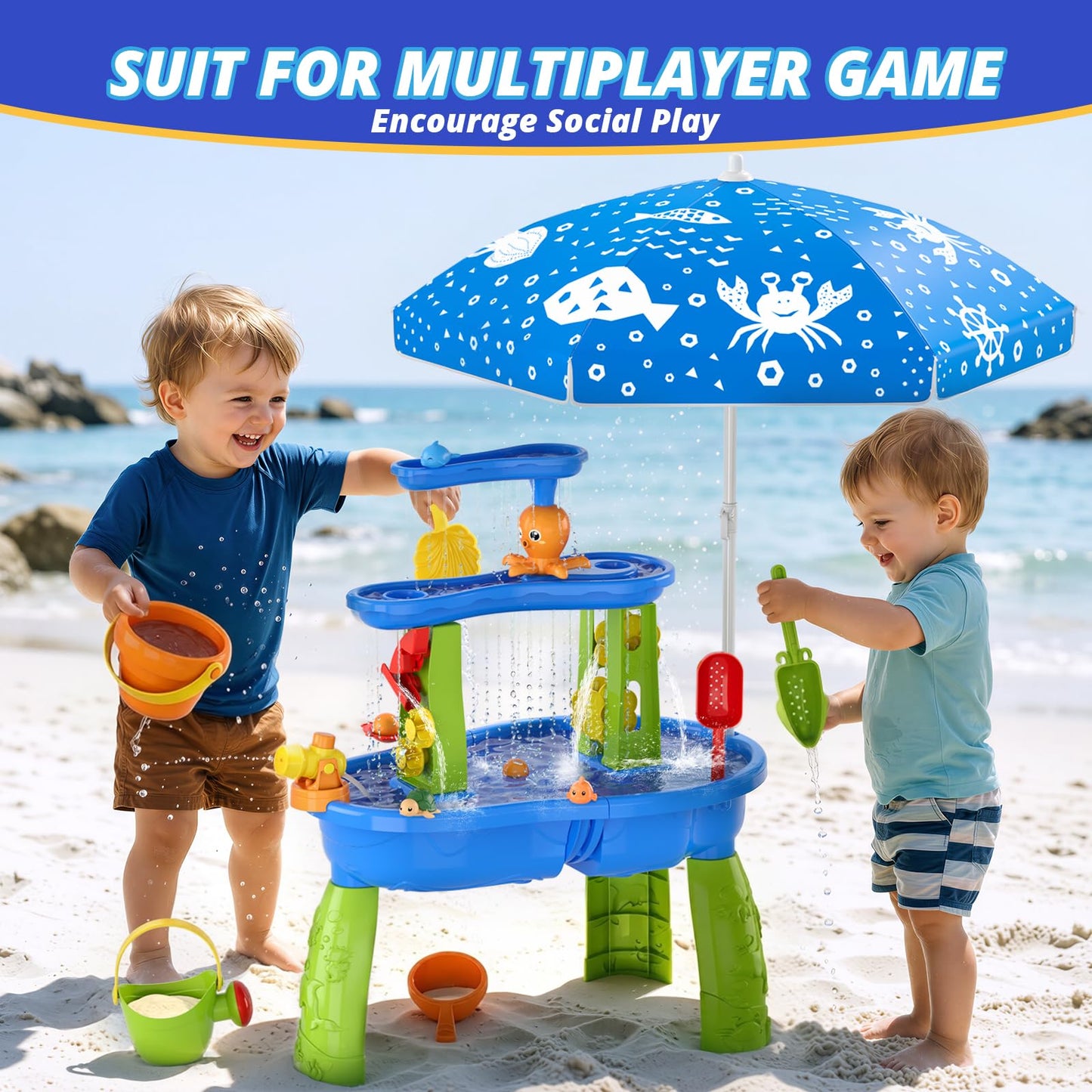 Wee Wonders 3-Tier Water Table with Adjustable Umbrella for Kids, Blue