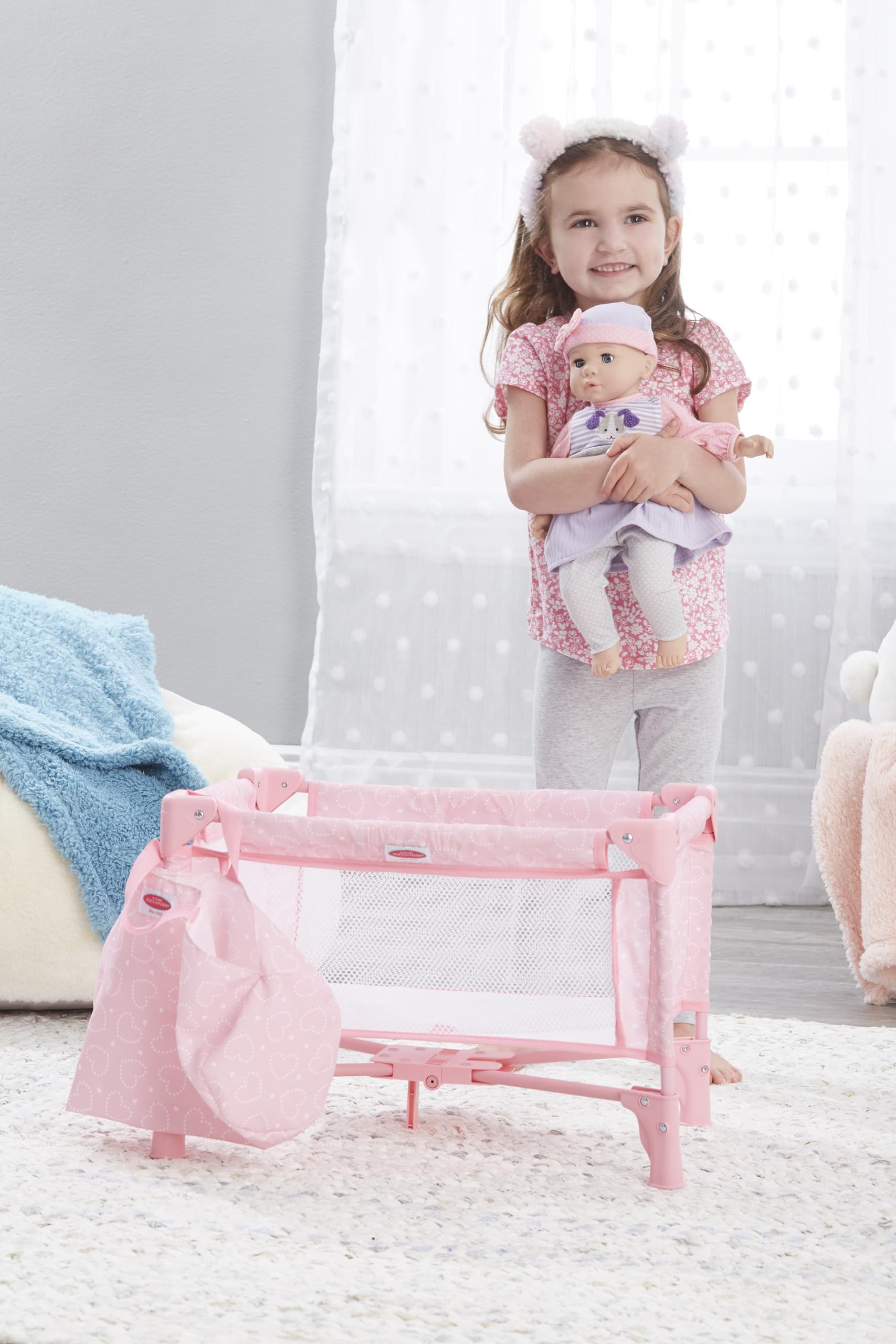 Madame Alexander Pack and Play Crib for Dolls, Pink Hearts