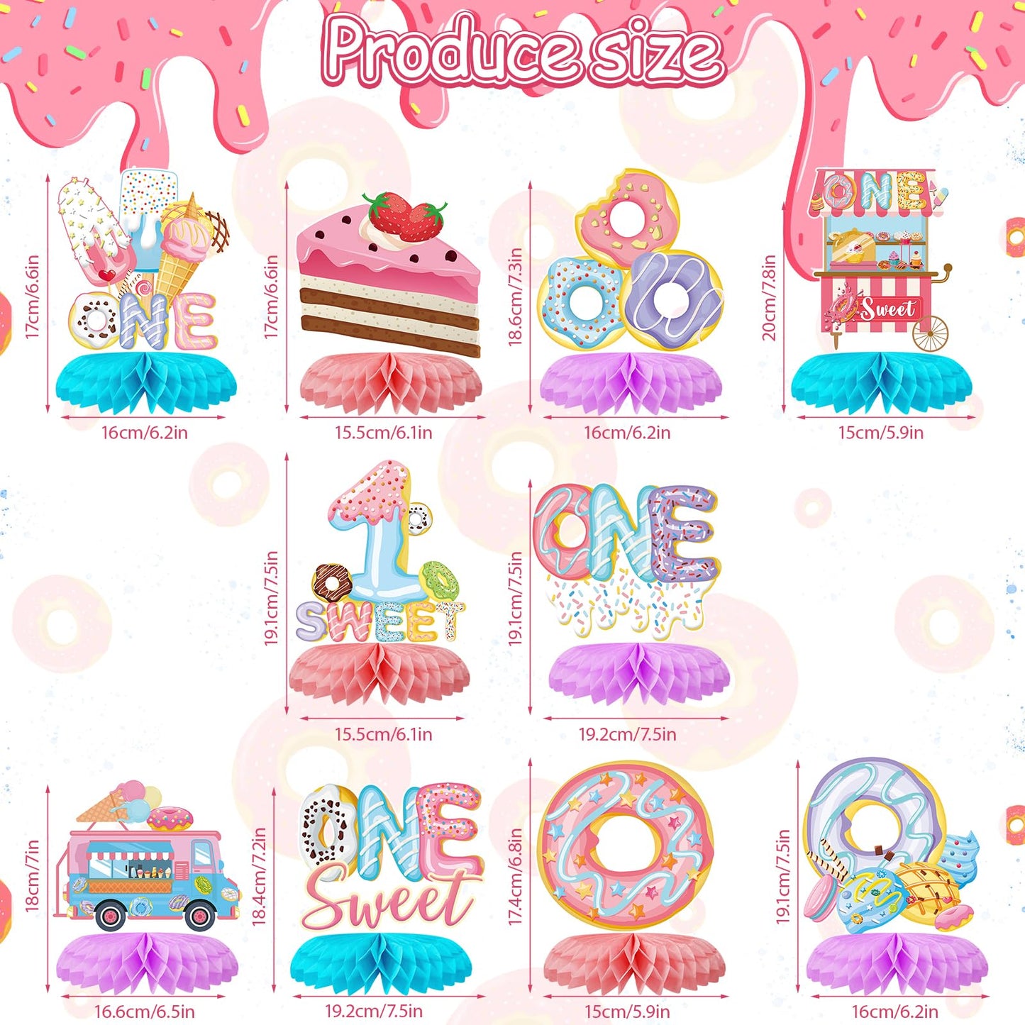 Tarklanda 10pcs Donut 1st Birthday Honeycomb Centerpieces Party Decor for Baby Girl,First ONE Sweet Donut 3D Table Centerpieces Party Happy Birthday