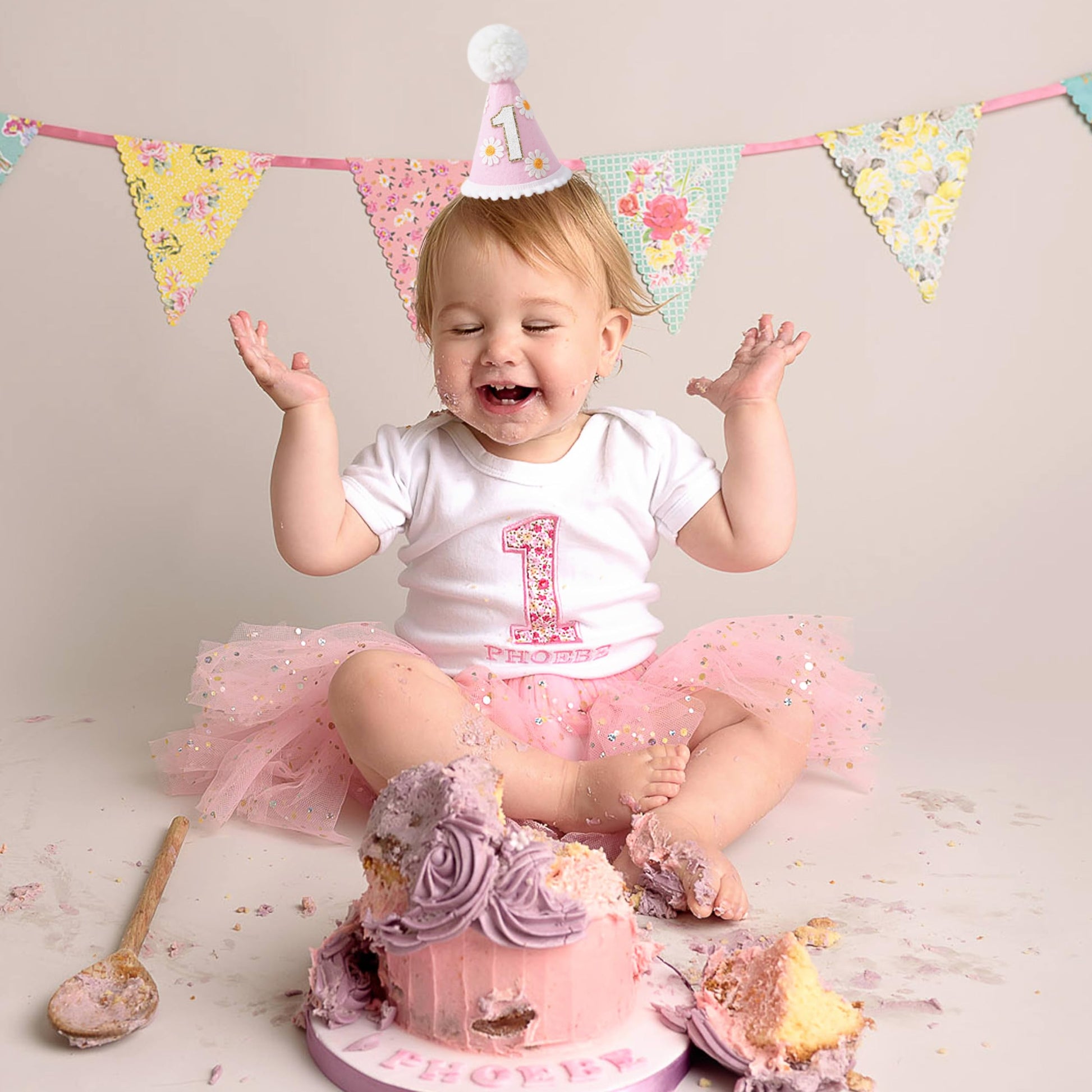 LINGANA First Birthday Hat - Baby Party Decor, Outfit Girl Boy Photo Booth Props, Cake Smash Backdrop (Pink Daisy)
