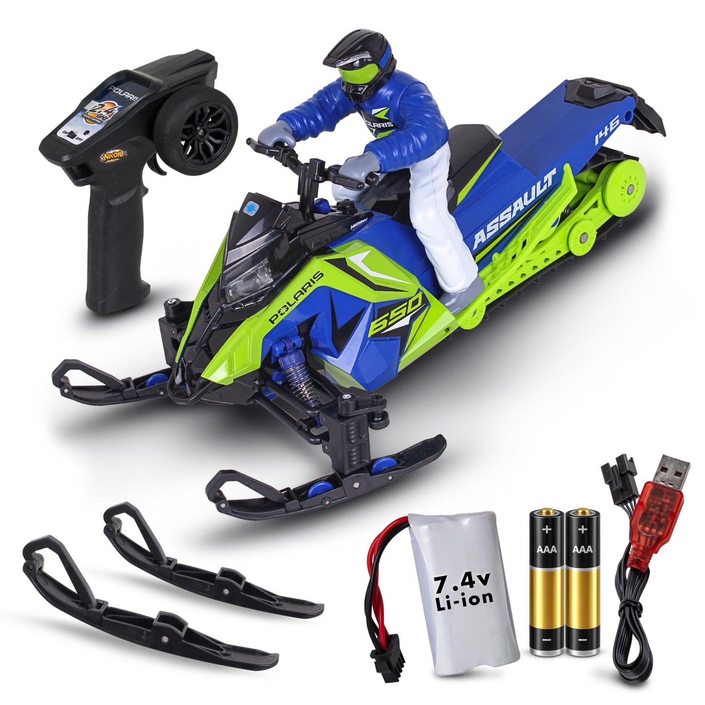 NKOK Polaris Switchback Assault RC Snowmobile - 1:10 Scale, (Green/Blue)