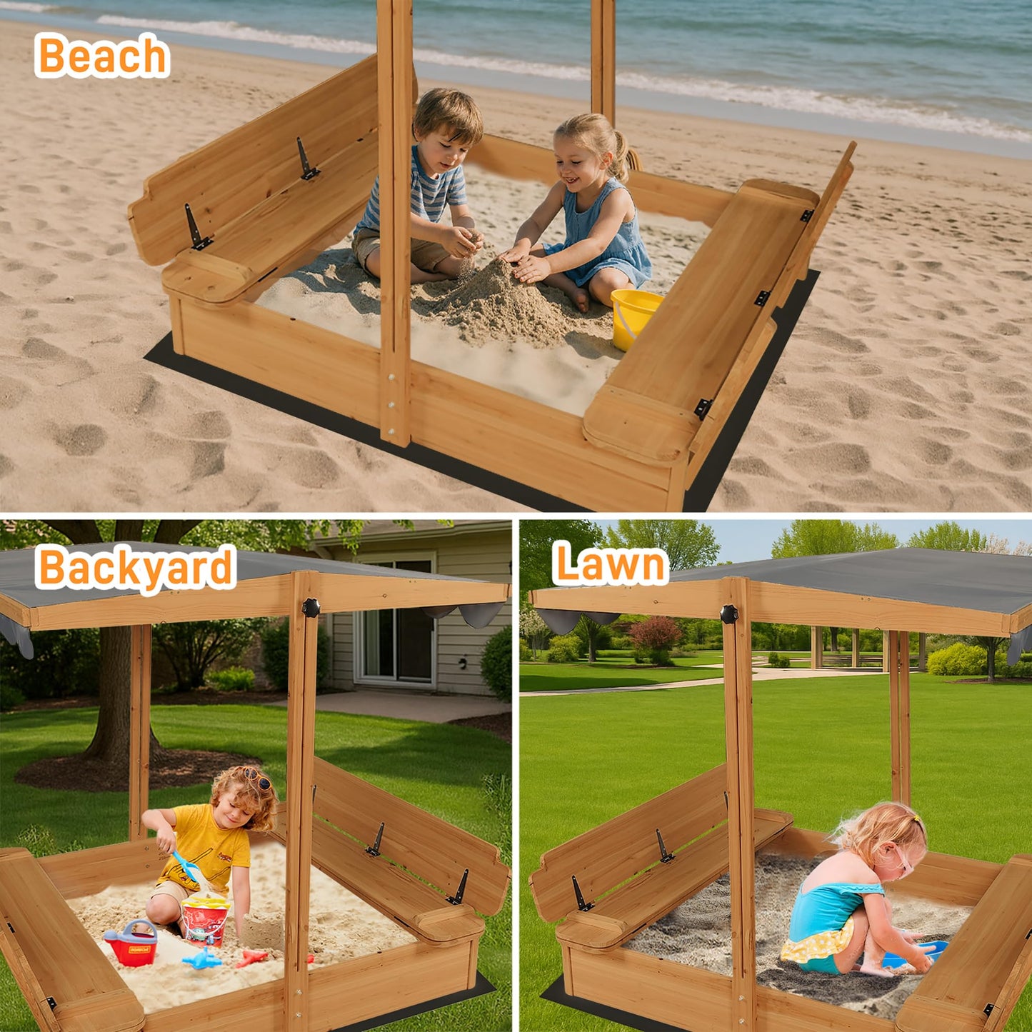 Large Wooden Sandbox Outdoor Sand Pit with Lid Cover Foldable Bench Seat Bottom Liner Sand Box for Garden Patio Beach Backyard Play Aged 3-12 Years