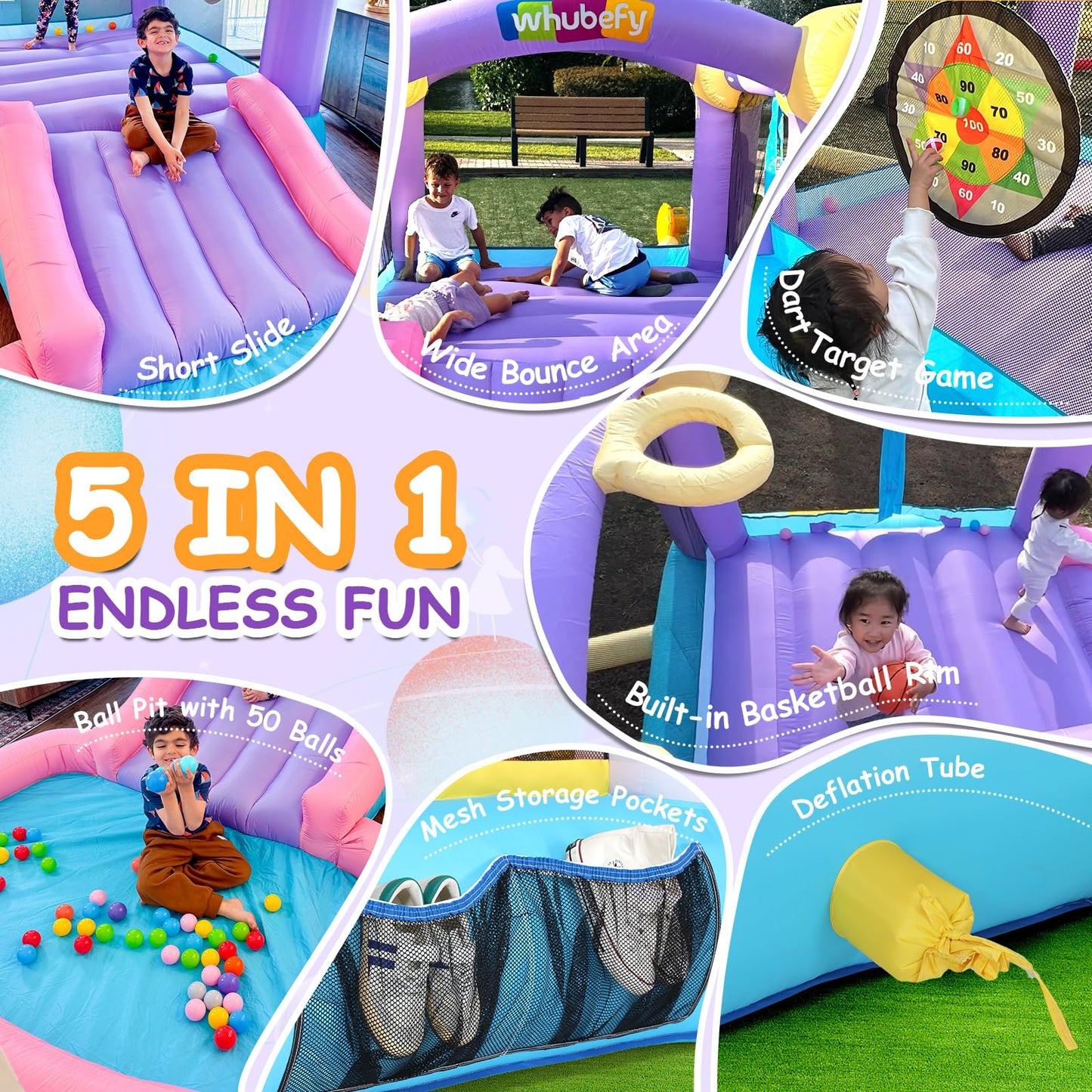 Whubefy Bounce House for Kids 3-6 with Ball Pit Pool & 50 Balls, 5-in-1 Inflatable Bouncy Castle with ETL Certified Blower, Slide, Dart Board with 6