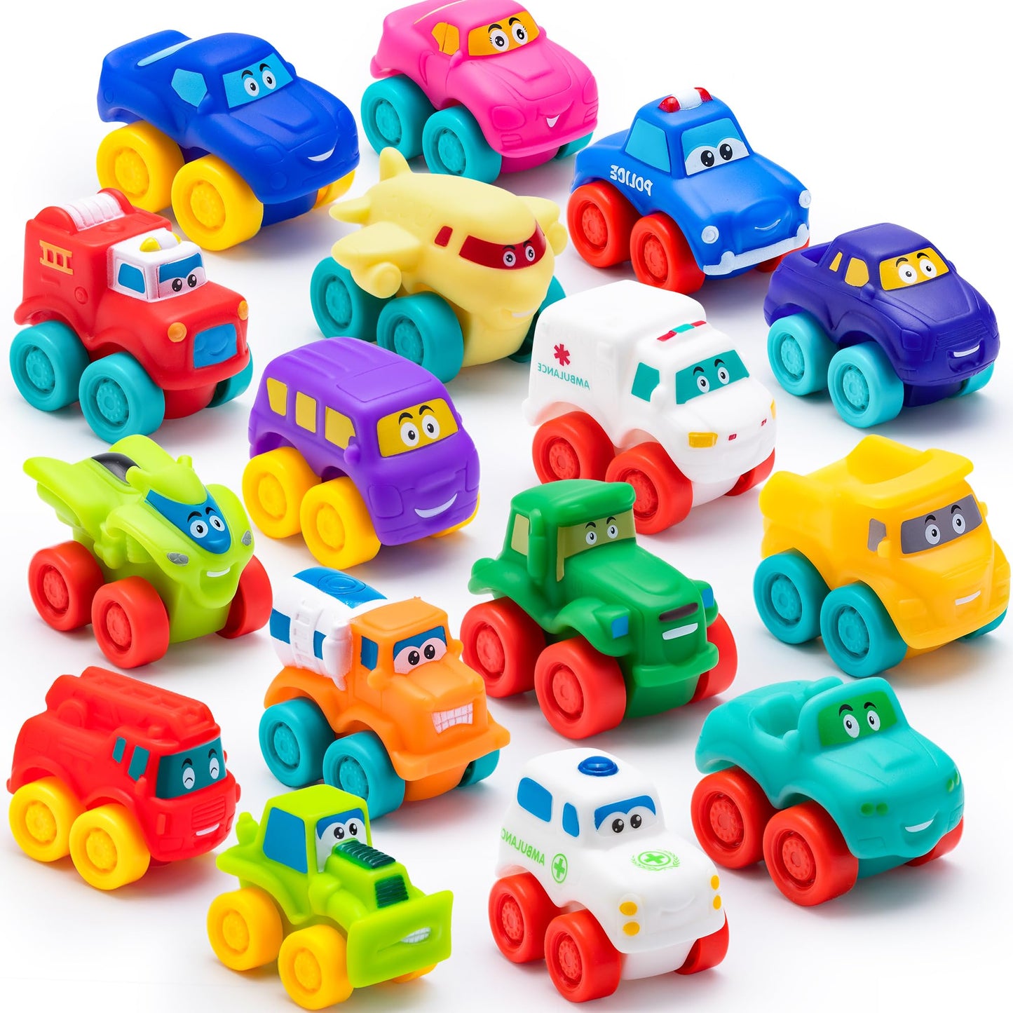 JOYIN Cartoon Cars, Soft Rubber Toy Car Set, Mini Vehicles, Bath Toy Car for Toddlers, Christmas Great Gift for Boys and Girls, Summer Beach and Pool