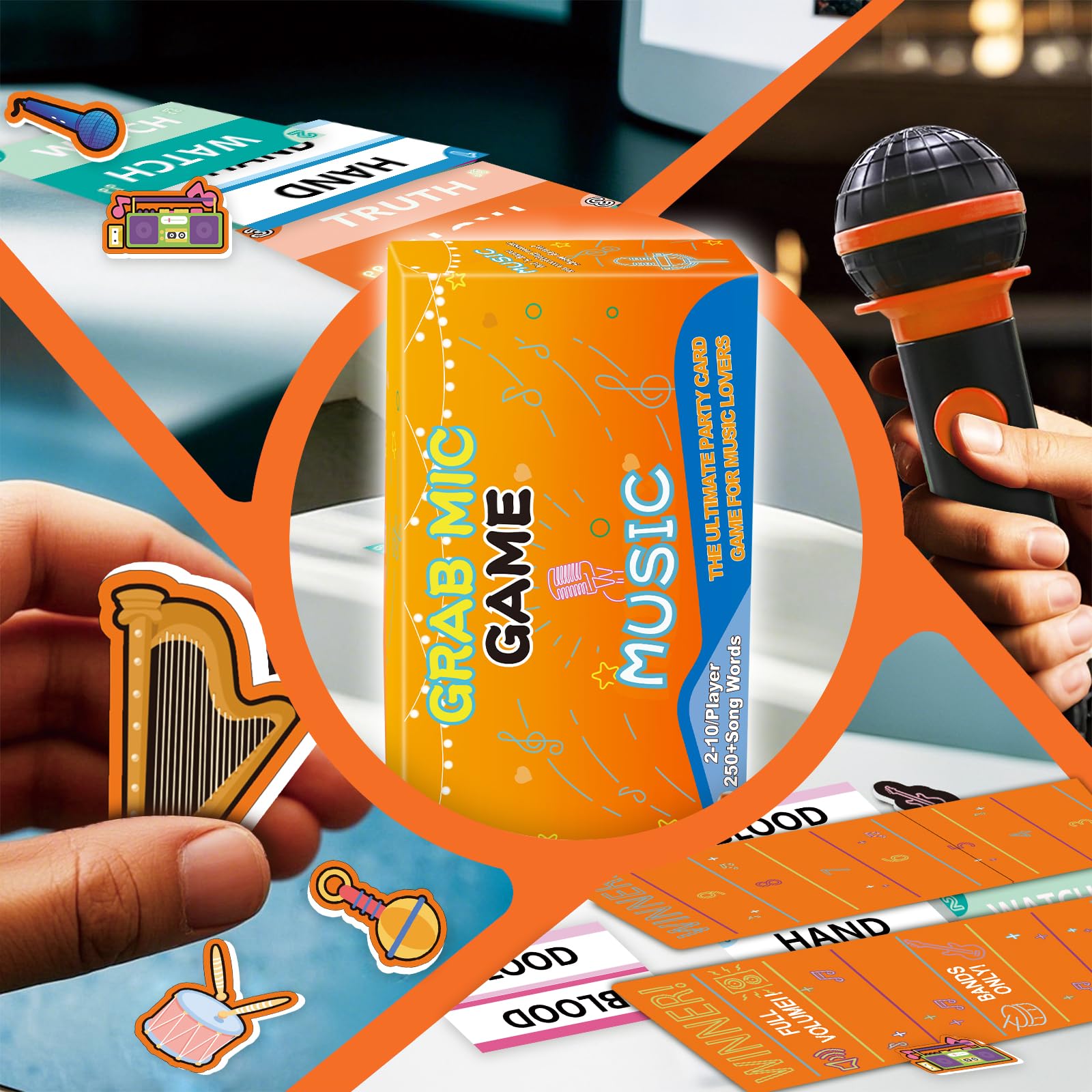 Music Party Game-New Music Version of Family Card Game, Ultimate Music Trivia Challenge for 2-10 Players,125 Lyric Cards, Microphone & Games Board