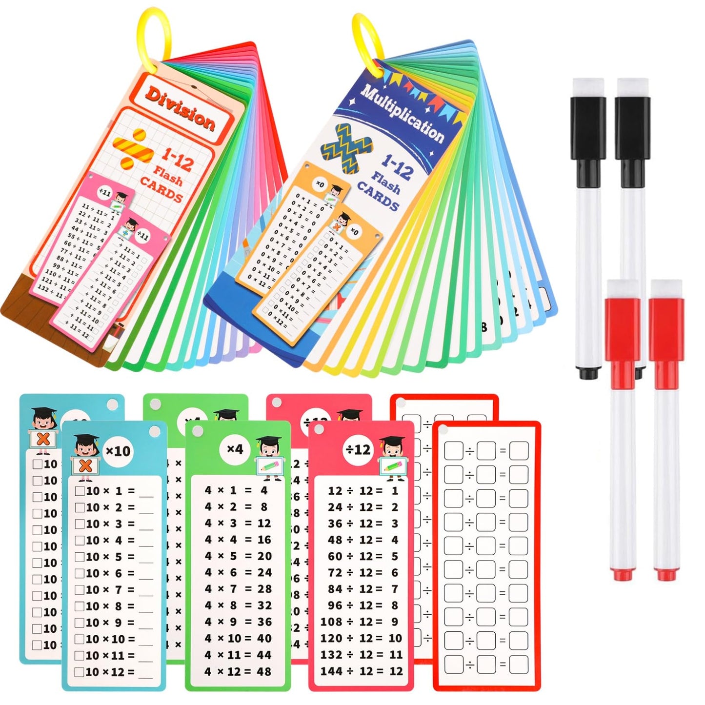 30 Pcs Multiplication and Division Flash Cards with 4 Dry Erase Pens 2 Rings Educational Time Table Cards Set Math Chart Games for 1st to 3rd Grades