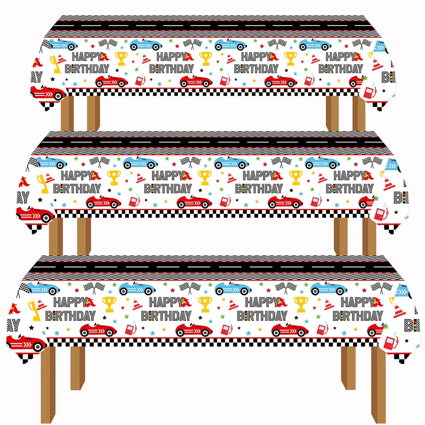 XXDecor 3 Pcs Race Car Birthday Tablecloths - Racing Car Disposable Plastic Table Cloth Checkered Flag Table Covers Party Favors for Baby Shower Boys