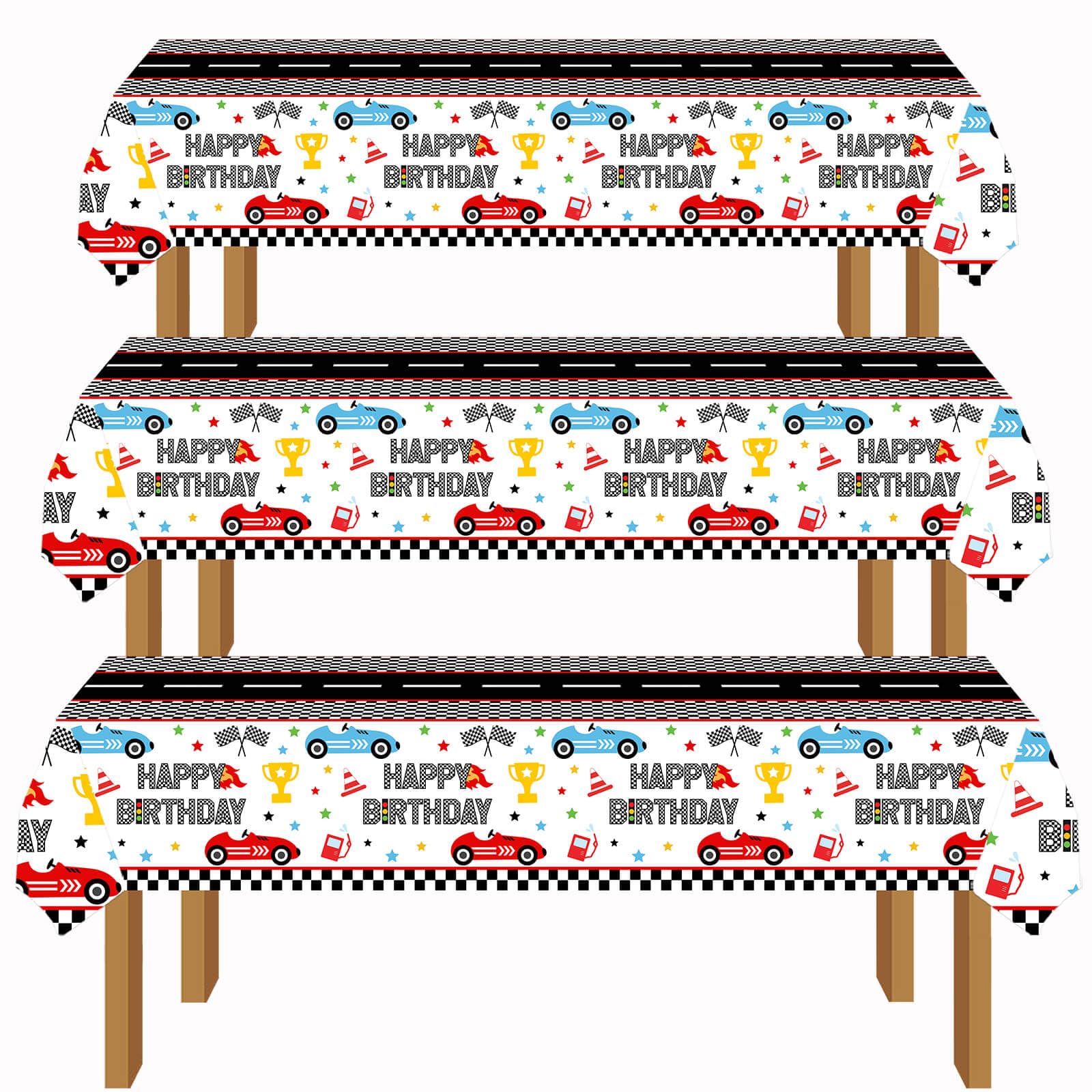 XXDecor 3 Pcs Race Car Birthday Tablecloths - Racing Car Disposable Plastic Table Cloth Checkered Flag Table Covers Party Favors for Baby Shower Boys