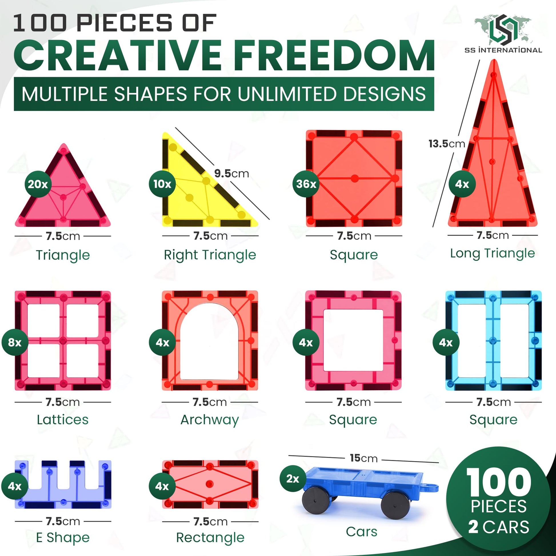 SS INTERNATIONAL Magnetic Tiles Construction Set for Kids 100 PCS with 2 Cars | STEM Learning & Preschool Educational Toy | Creative Magnetic Building