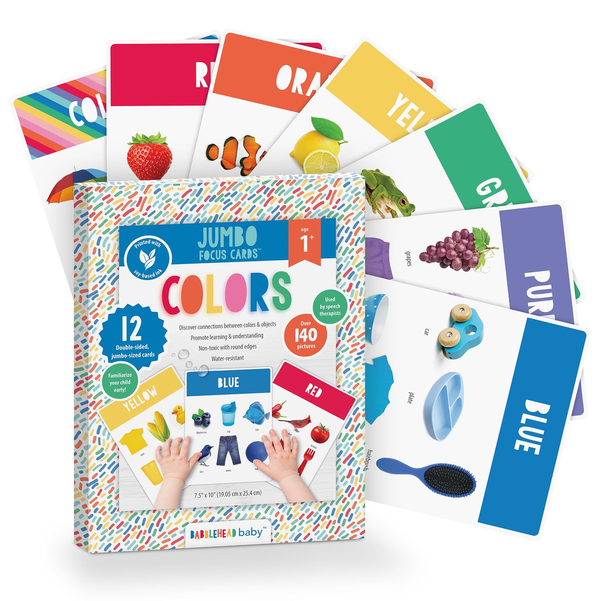 Jumbo Focus Cards™ Made in USA. 12ct Extra-Large Flash Cards - 12 Months+. Colors, Animals, Food & Objects. 7.5" x 10". Over 140 Photos. Used by
