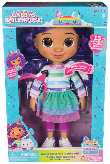 Gabby's Dollhouse, Sing & Celebrate Gabby Girl Doll, 33-Centimetres Tall with Sound Effects and Reversible Cat Ears, Kids’ Toys for Girls and Boys