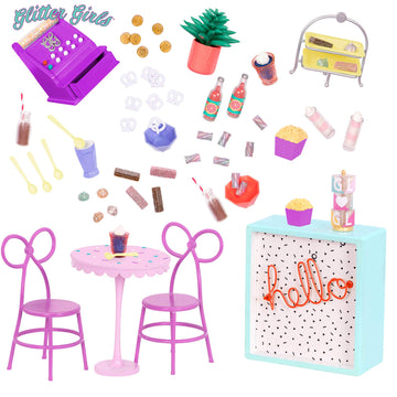 Glitter Girls - 14-Inch Doll Accessories - Shop Terrace Playset with 60+ Pieces - Patio Furniture Set - Table & Chairs for Sweet Shop - Play Food &