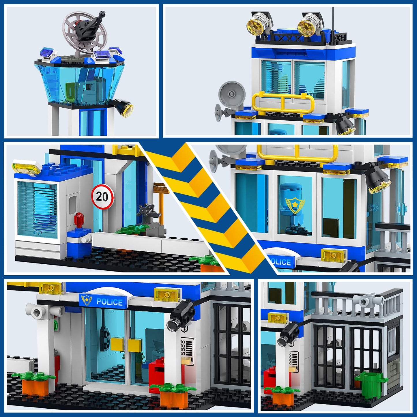 BUILDIFY City Police Station Building Block Set with Light, 634 PCS HQ Station Kits with Helicopter, Police Car and Motorcycle. Ideal as a Birthday