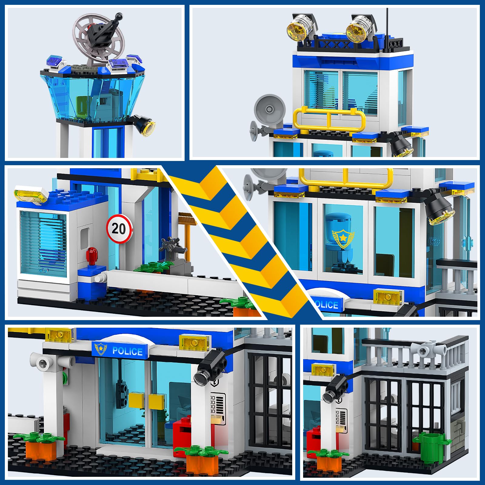BUILDIFY City Police Station Building Block Set with Light, 634 PCS HQ Station Kits with Helicopter, Police Car and Motorcycle. Ideal as a Birthday