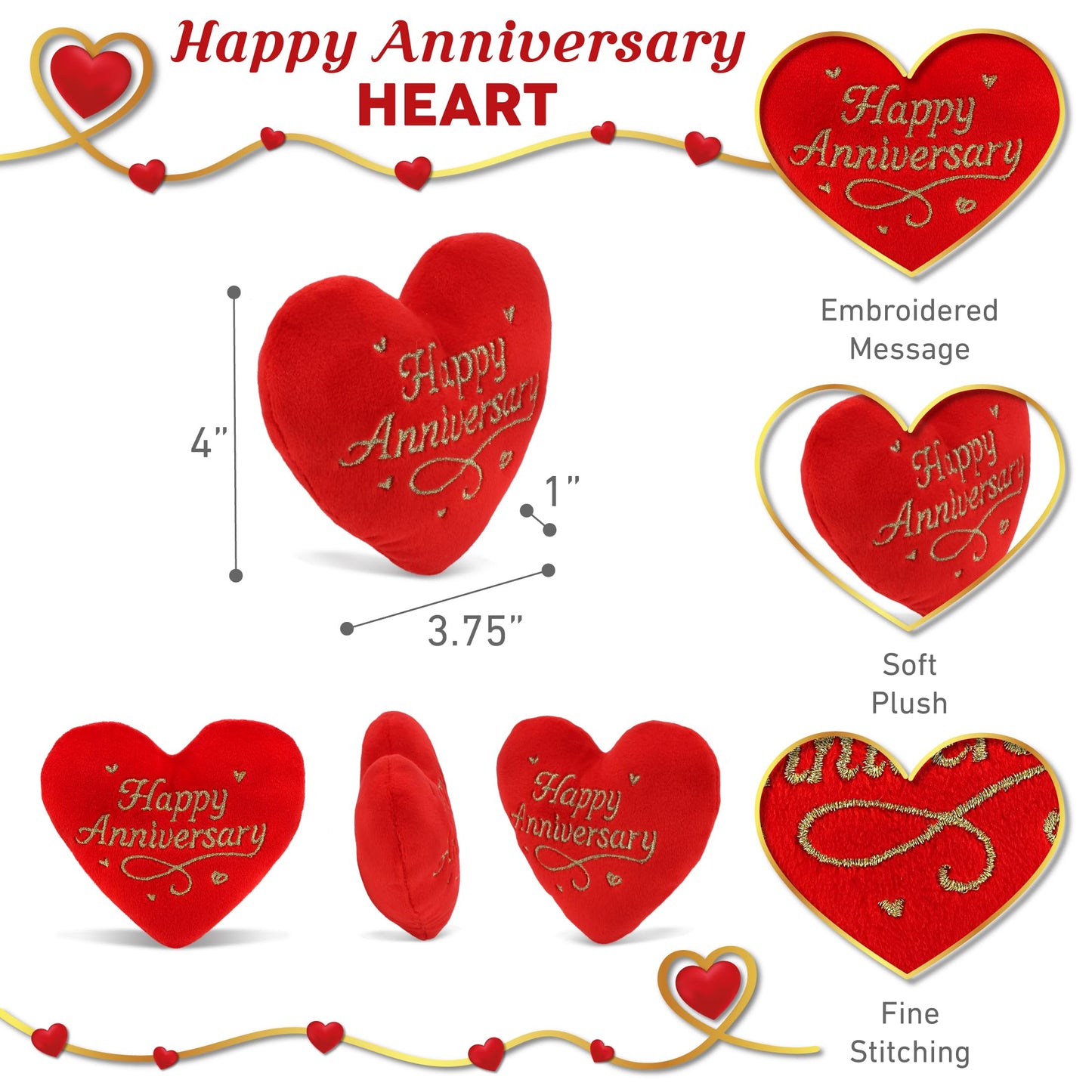 DolliBu Stuffed Happy Anniversary Red Heart Plush - Romantic for Wife or Husband, Cushion Heart Shaped Plush Stuffed Toy for Room Decor or Gift Basket