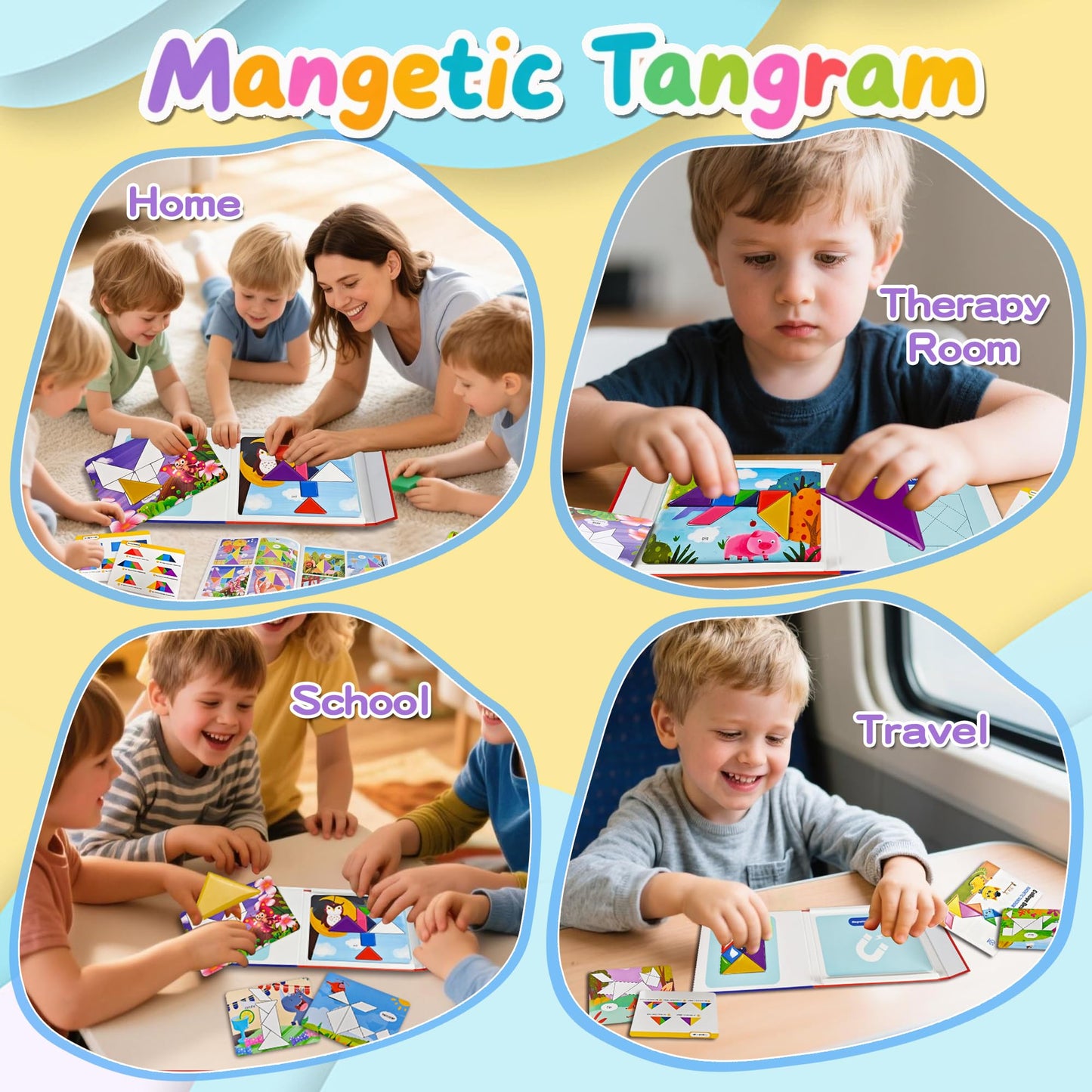 Flamax Magnetic Tangram for Kids Ages 4-8 with 30 Theme Pages & 368 Solutions Patterns Booklet & Metal Board, Magnetic Tangrams Puzzle for Kid, Magnet