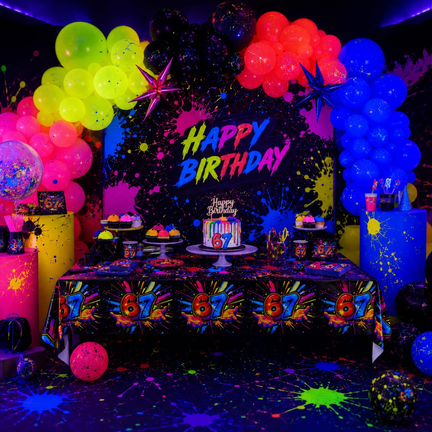 Blue Orchards 67 Tablecover (Pack of 3) - XL 54"x108" - Immersive 67 Birthday Party Decorations, 6 7 Paint Splatter Party Tablecloth, Brainrot Themed