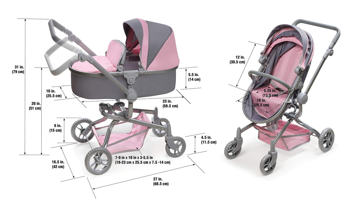 Badger Basket Foldable Doll Stroller & Pram for Dolls - Convertible Toy with Canopy, Basket & Soft Handle - Lightweight, Easy to Use for Girls Ages