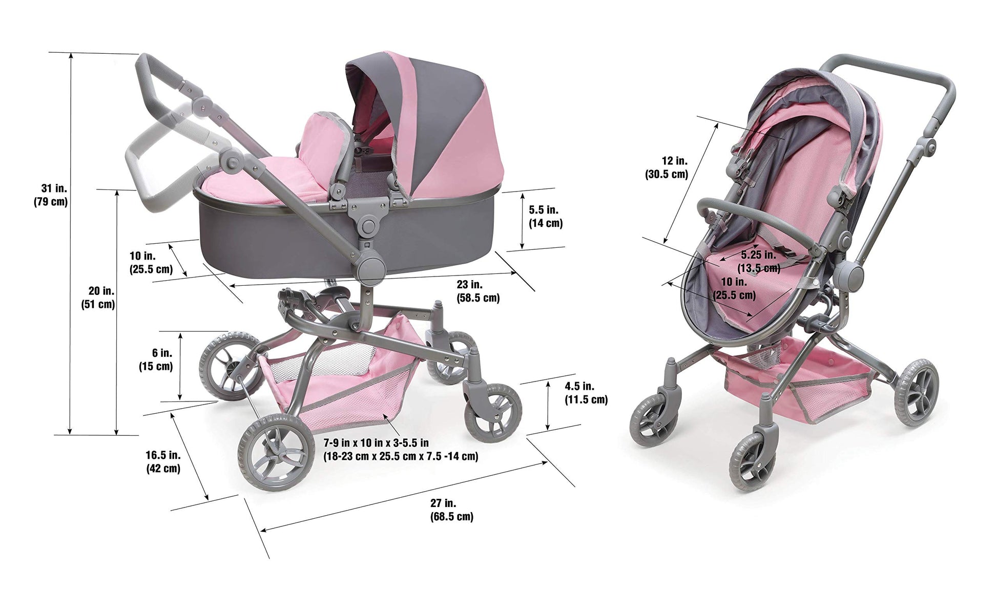 Badger Basket Foldable Doll Stroller & Pram for Dolls - Convertible Toy with Canopy, Basket & Soft Handle - Lightweight, Easy to Use for Girls Ages
