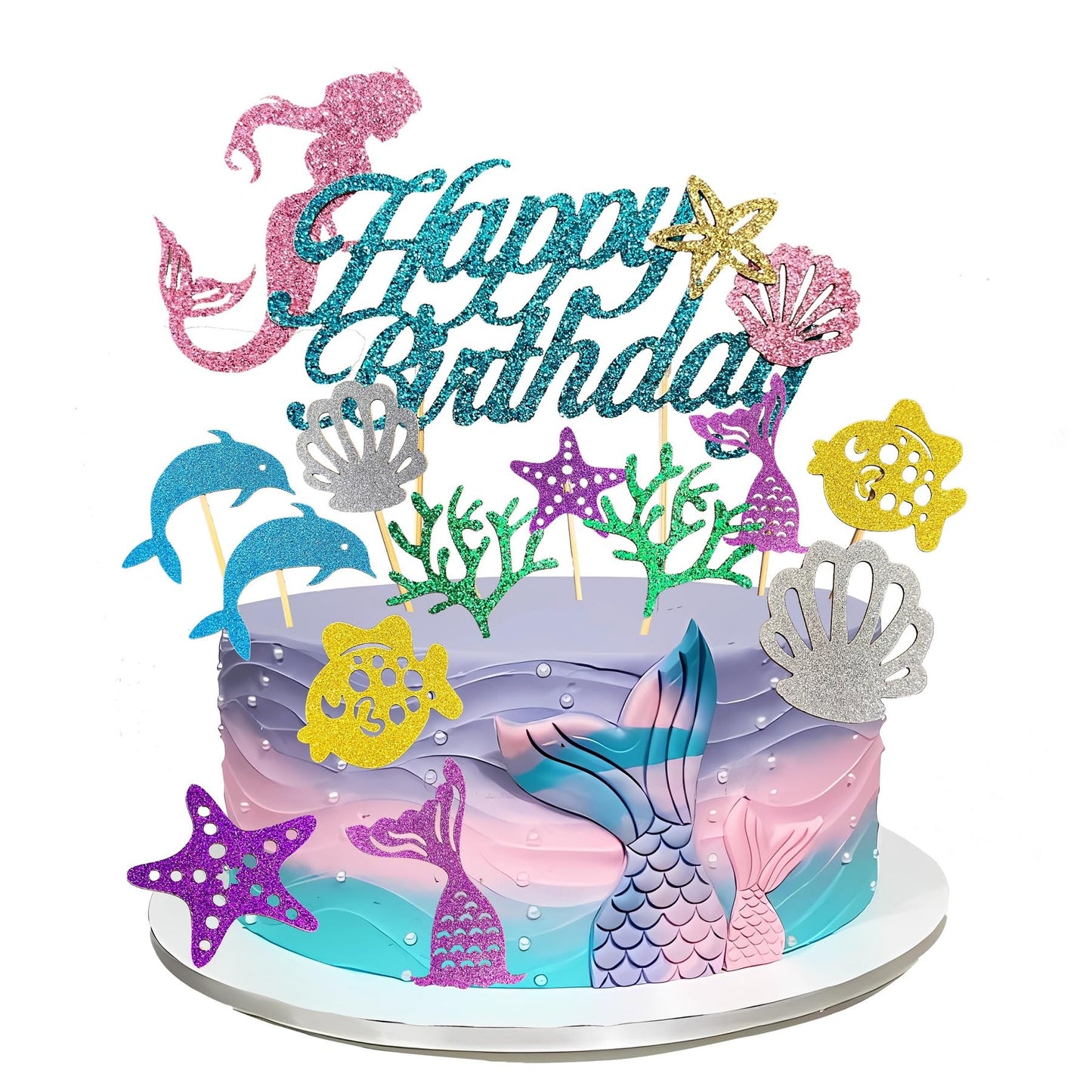 13 Pcs Mermaid Birthday Cake Toppers Set - Sparkling Ocean Theme Decor with Happy Birthday Topper and 12 Colorful Undersea Elements Cupcake Picks