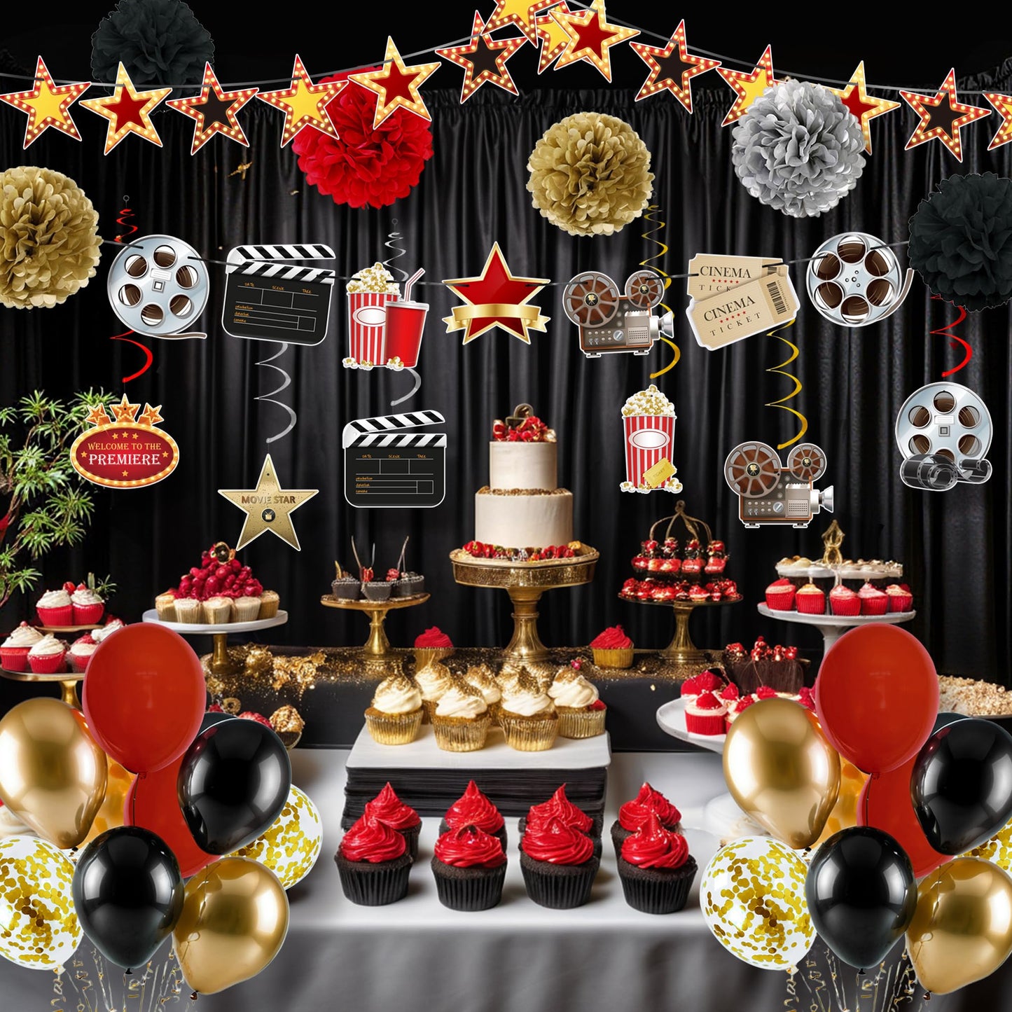 47 PCS Movie Party Decorations Kit Now Showing Banner Hanging Swirls Balloons for Movie Themed Wedding Bridal Baby Shower Birthday Parties