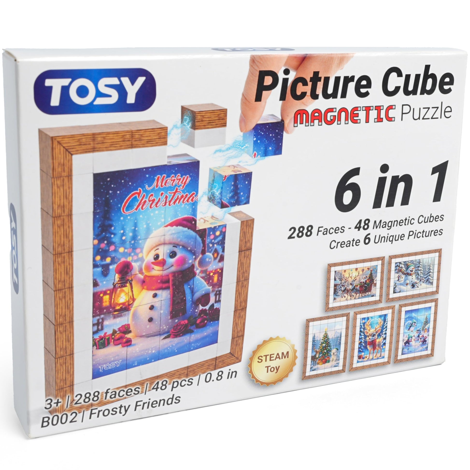 TOSY Picture Cube Frosty Friends: 6-in-1 Magnetic Picture Puzzle, 48 Blocks, 288 Faces/Magnets, 0.8 in, B002, Seamless UV Art, Display-Ready Frame