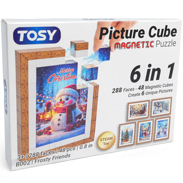 TOSY Picture Cube Frosty Friends: 6-in-1 Magnetic Picture Puzzle, 48 Blocks, 288 Faces/Magnets, 0.8 in, B002, Seamless UV Art, Display-Ready Frame