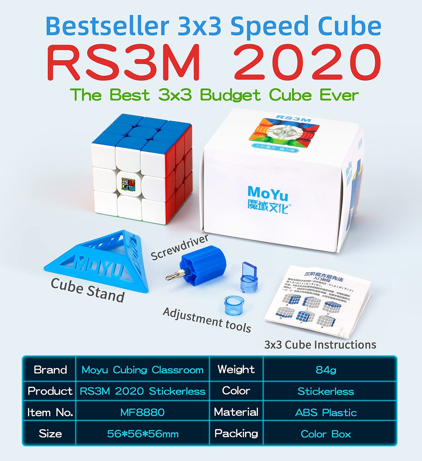 CuberShop Moyu RS3M 2020 3x3 Magnetic Speed Cube, Stickerless Budget Magnetic 3x3 Budget Cube, MFJS Cubing Classroom Professional 3X3 Speed Cube (Moyu